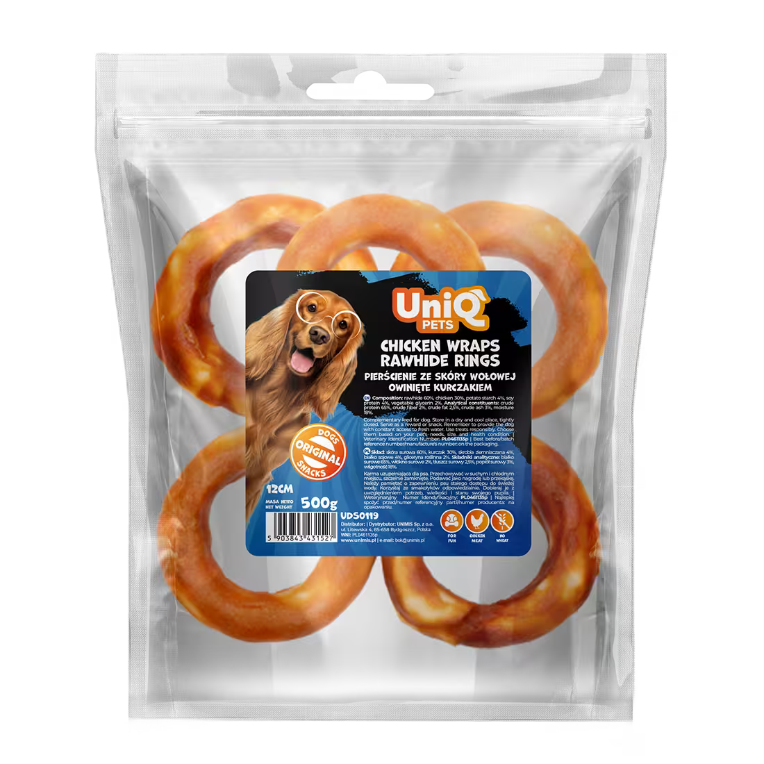 UniQ poslastice za psa, 500g, piletina obmotana oko prstenova sirove kože