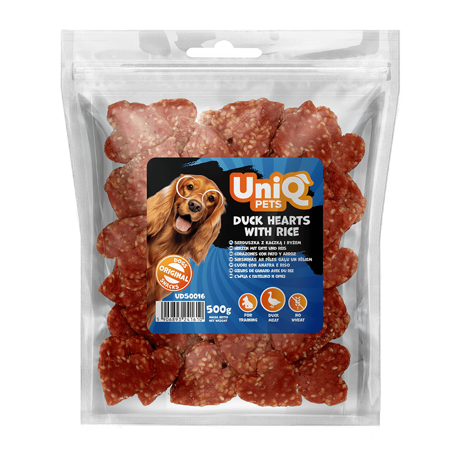 UniQ poslastice za psa, 500 g, srca od pačetine sa pirinčem