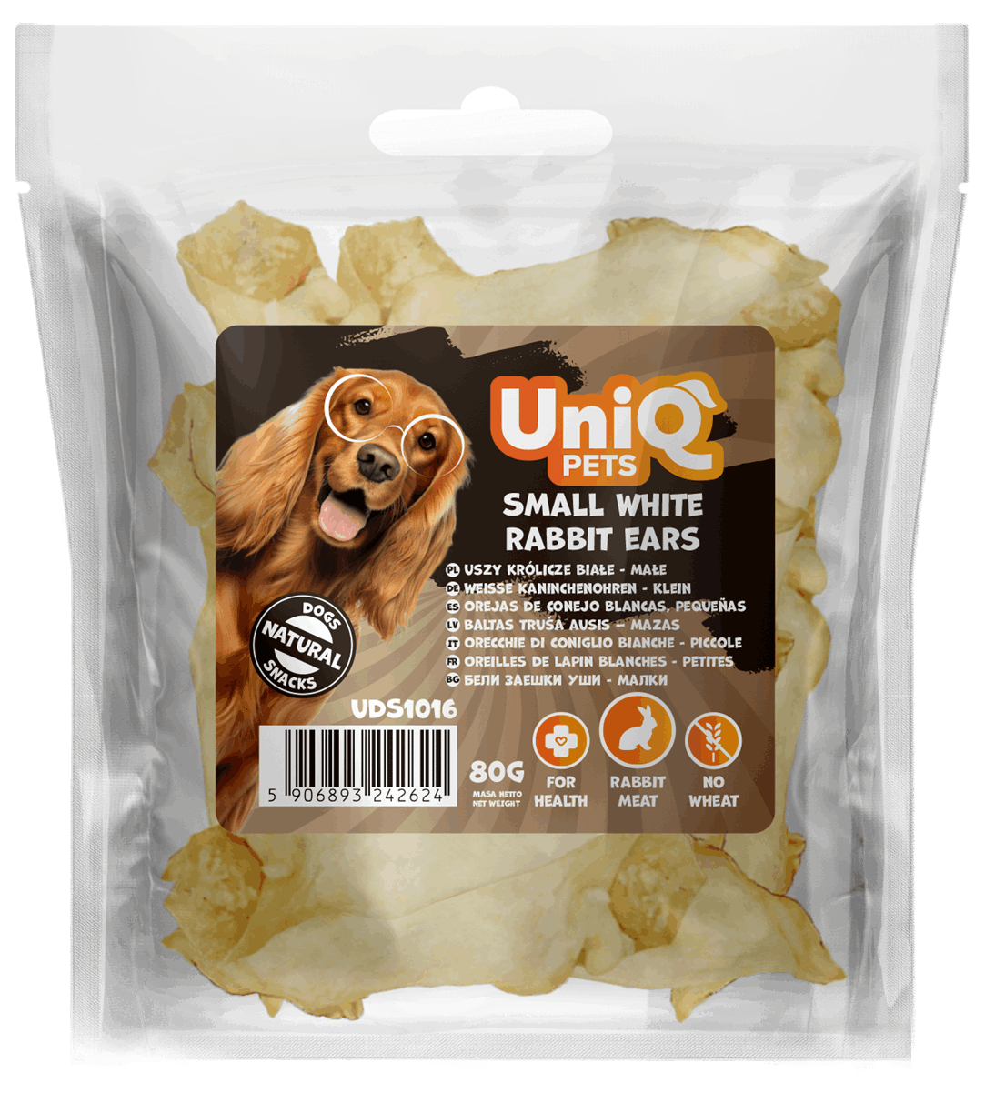 UniQ poslastice za pse, 80g, male bele zečje uši