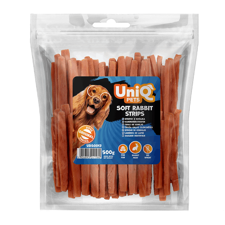 UniQ poslastice za pse, 500g, mekane trakice od zečetine