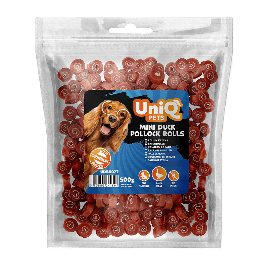 UniQ poslastice za pse, 500g, rolnice od pačetine i bakalara