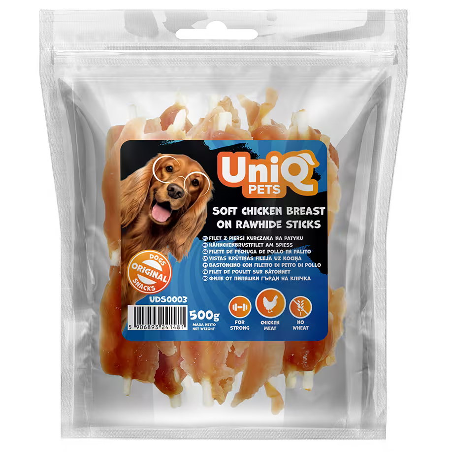 UniQ poslastice za pse, pileća prsa na štapićima od sirove kože