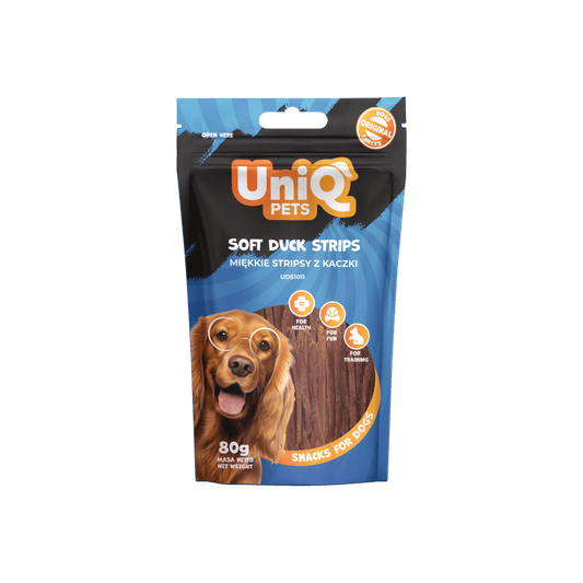 UniQ poslastice za pse, 80g, mekane trake od pačetine
