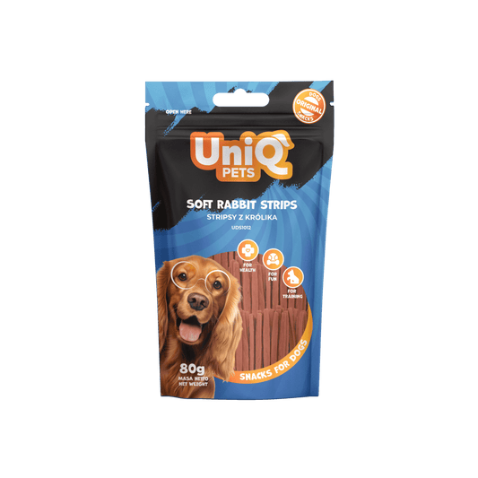 UniQ poslastice za pse, 80g, meke trake od zečetine