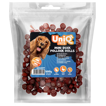 UniQ poslastice za pse, 500g, rolnice od pačetine i bakalara