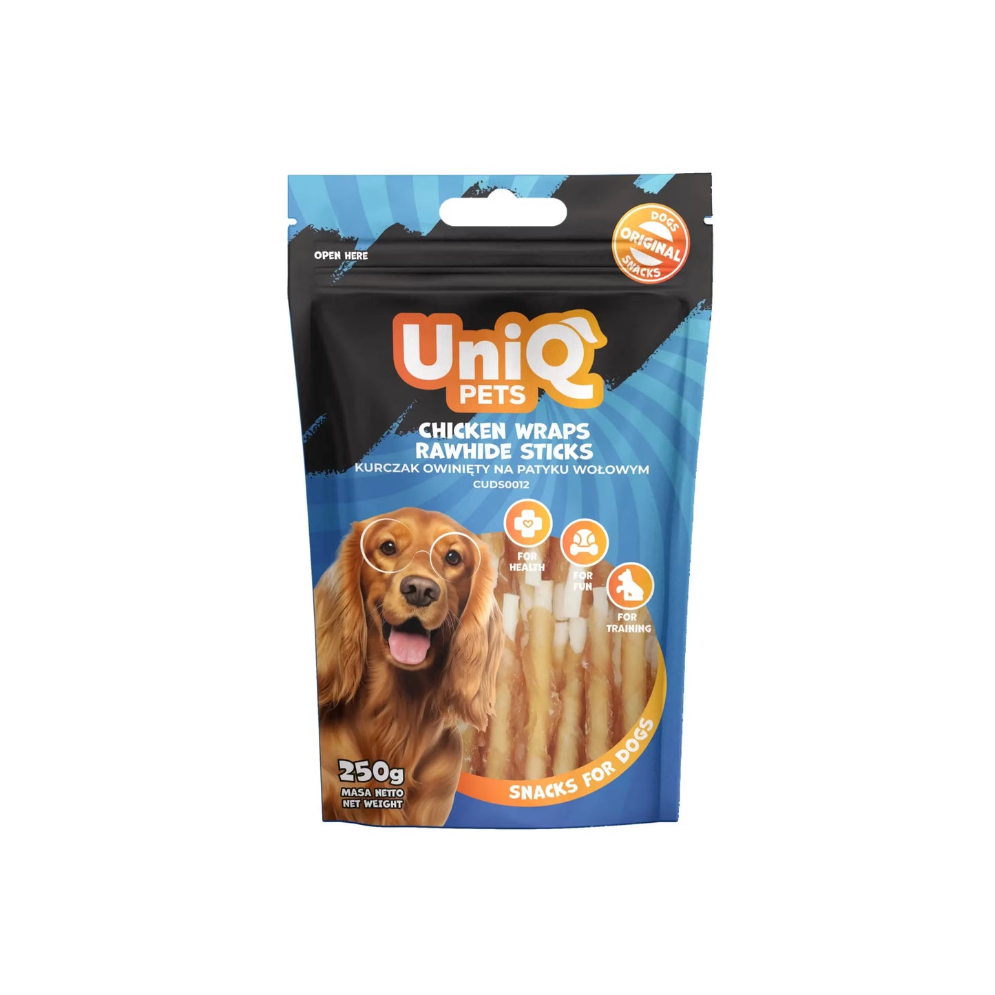 UniQ poslastice za pse, piletina obmotana oko štapića od sirove kože