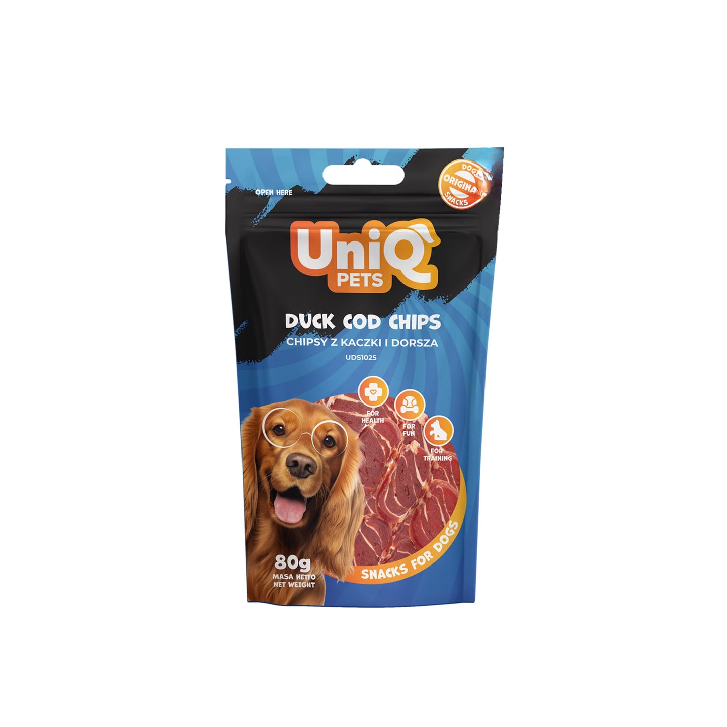 UniQ poslastice za pse, 80g, čips od pačetine i bakalara
