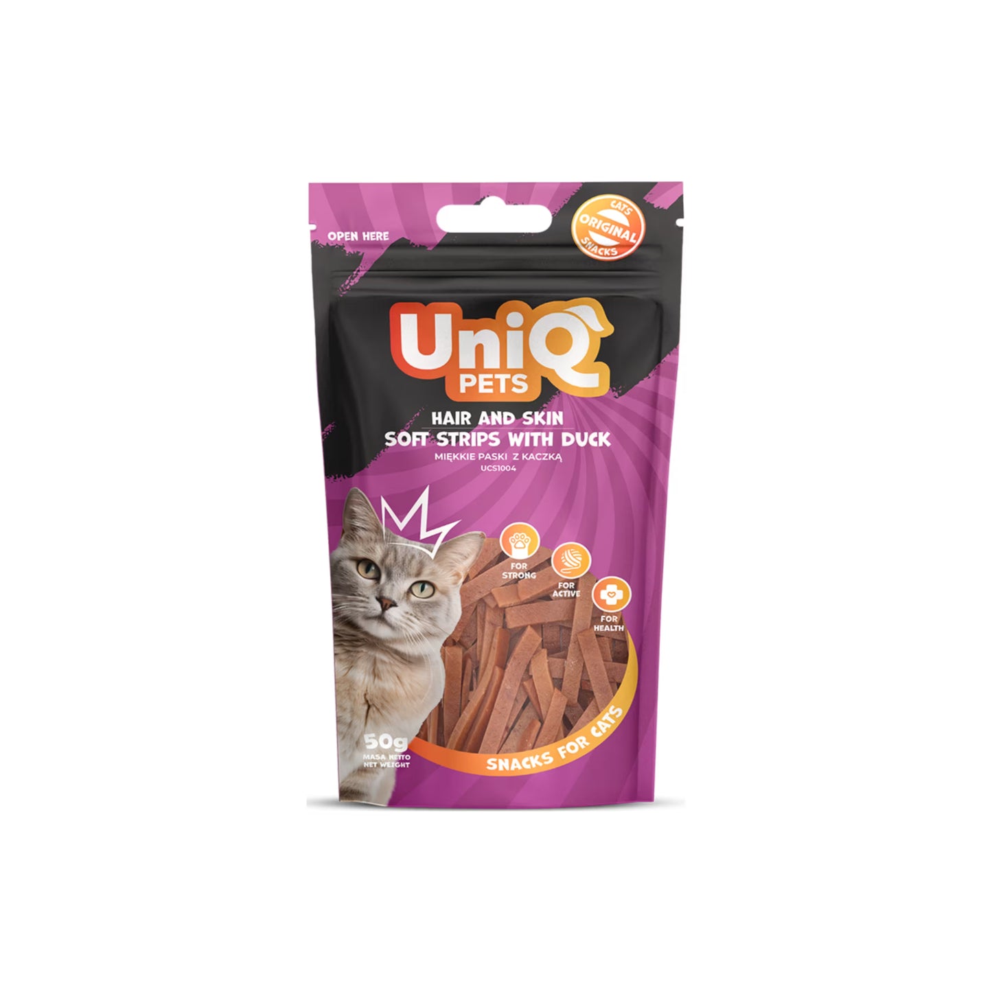 UniQ poslastice za mačke, 50g, mekane trakice od pačetine (za kožu i dlaku)