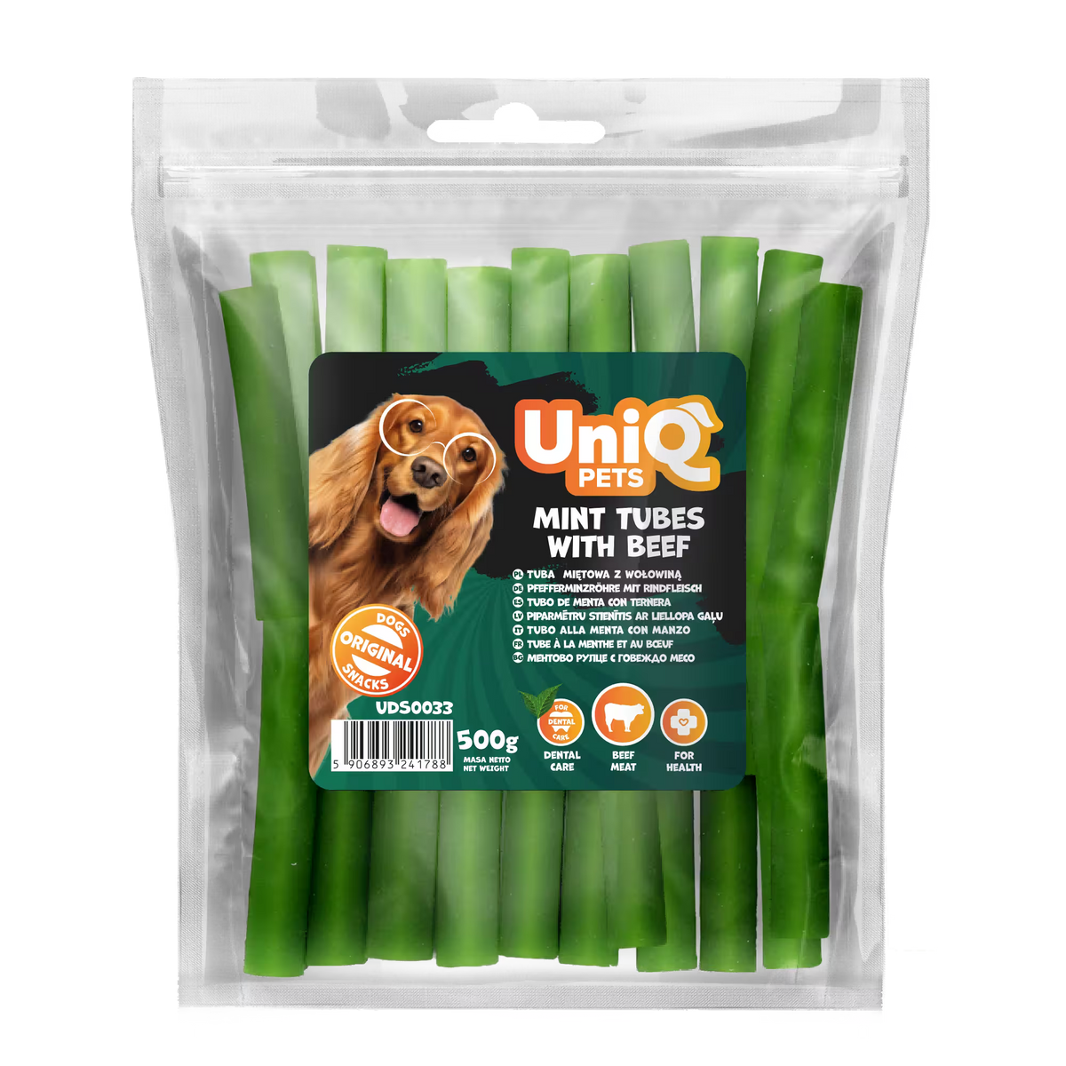 UniQ mint cevi od govedine za pse, pakovanje 500 g, dentalna poslastica za svež dah