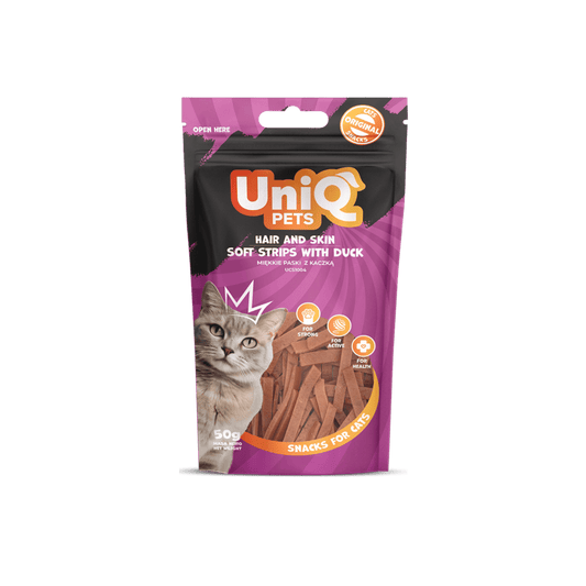 UniQ poslastice za mačke, 50g, mekane trakice od pačetine (za kožu i dlaku)
