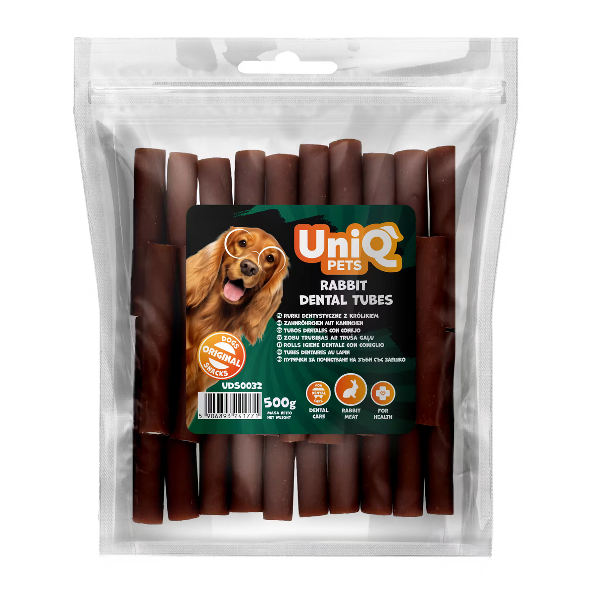 UniQ dentalne cevi od zečetine za pse, pakovanje 500 g, dvoslojna žvakalica za čišćenje zuba