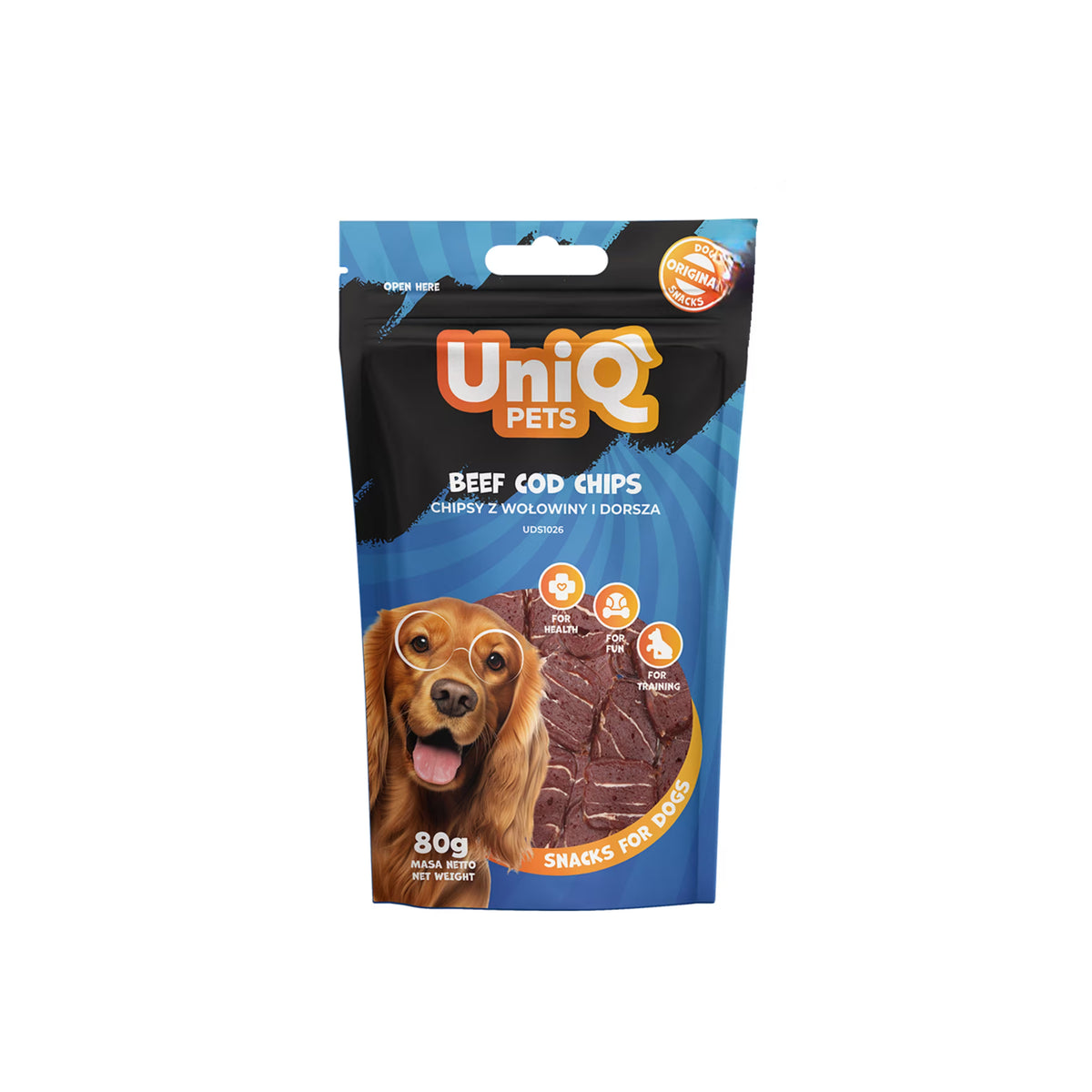 UniQ čips od govedine i bakalara za pse, 80 g, hrskava proteinska poslastica