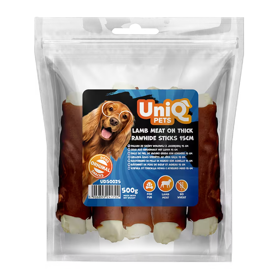 UniQ poslastice za pse, 500 g, jagnjetina na debelim štapićima od sirove kože (15cm)