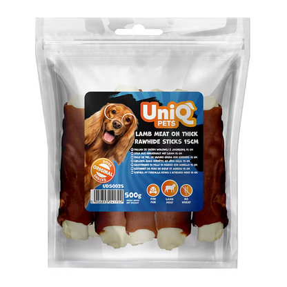 UniQ poslastice za pse, 500 g, jagnjetina na debelim štapićima od sirove kože (15cm)