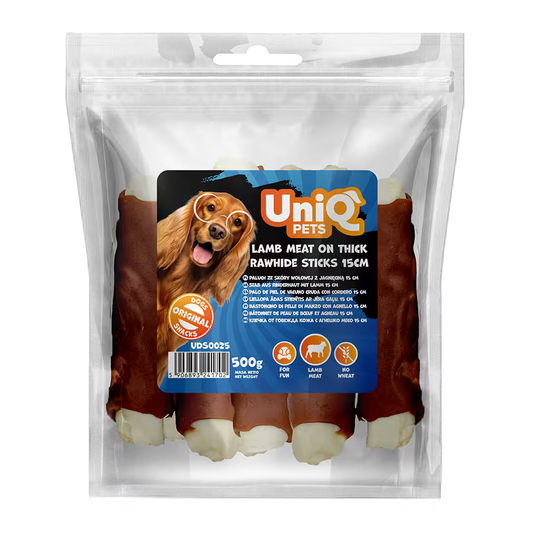 UniQ poslastice za pse, 500 g, jagnjetina na debelim štapićima od sirove kože (15cm)