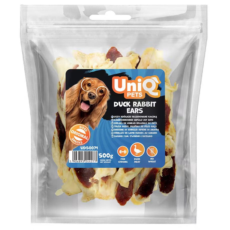 UniQ poslastice za psa, 500 g, zečje uši sa pačetinom