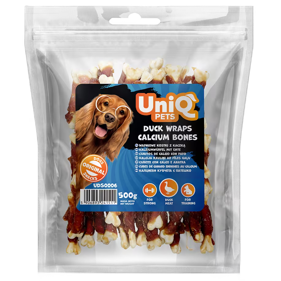 UniQ poslastice za psa, 500 g, rolnice od pačetine sa kalcijumovim kostima