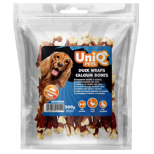 UniQ poslastice za psa, 500 g, rolnice od pačetine sa kalcijumovim kostima