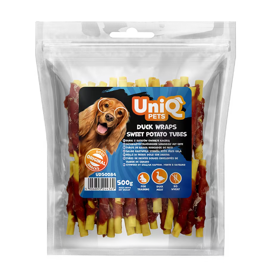 UniQ poslastice za psa, 500 g, rolnice od pačetine sa batatom u obliku cevi