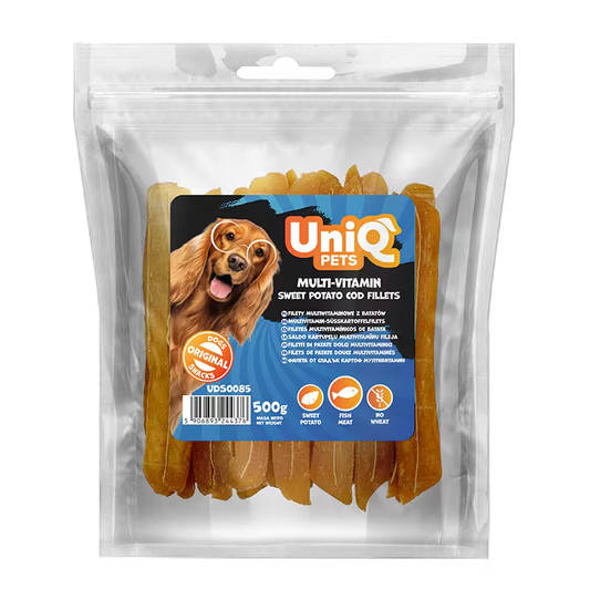 UniQ poslastice za pse, 500g, multivitaminski batat sa filetima oslića