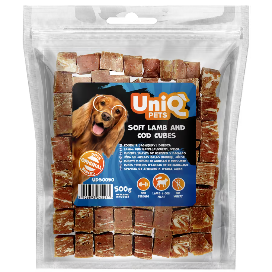 UniQ poslastice za pse, 500g, kockice od jagnjetine i bakalara