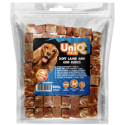 UniQ poslastice za pse, 500g, kockice od jagnjetine i bakalara