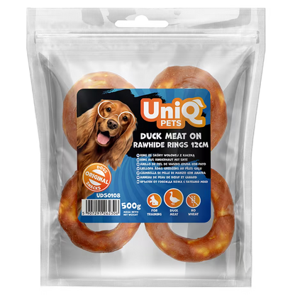 UniQ poslastice za pse, 500g, pačetina na prstenovima od sirove kože