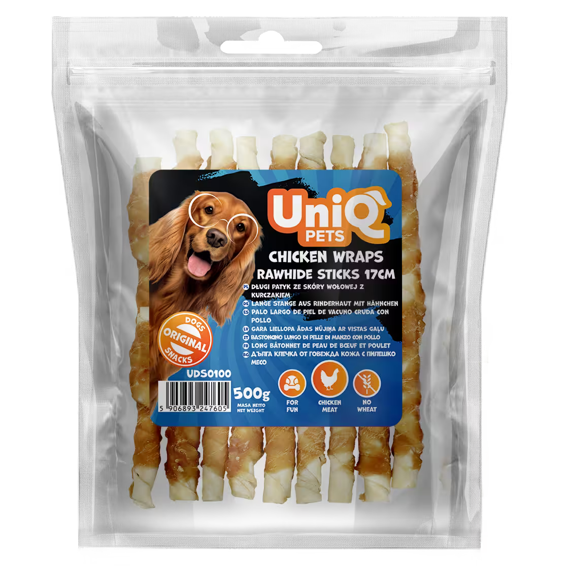 UniQ poslastice za pse, 500g, štapići od sirove kože sa piletinom (17cm)