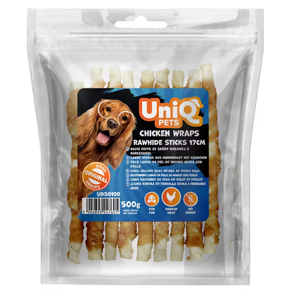 UniQ poslastice za pse, 500g, štapići od sirove kože sa piletinom (17cm)