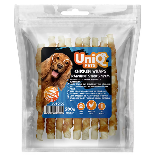 UniQ poslastice za pse, 500g, štapići od sirove kože sa piletinom (17cm)