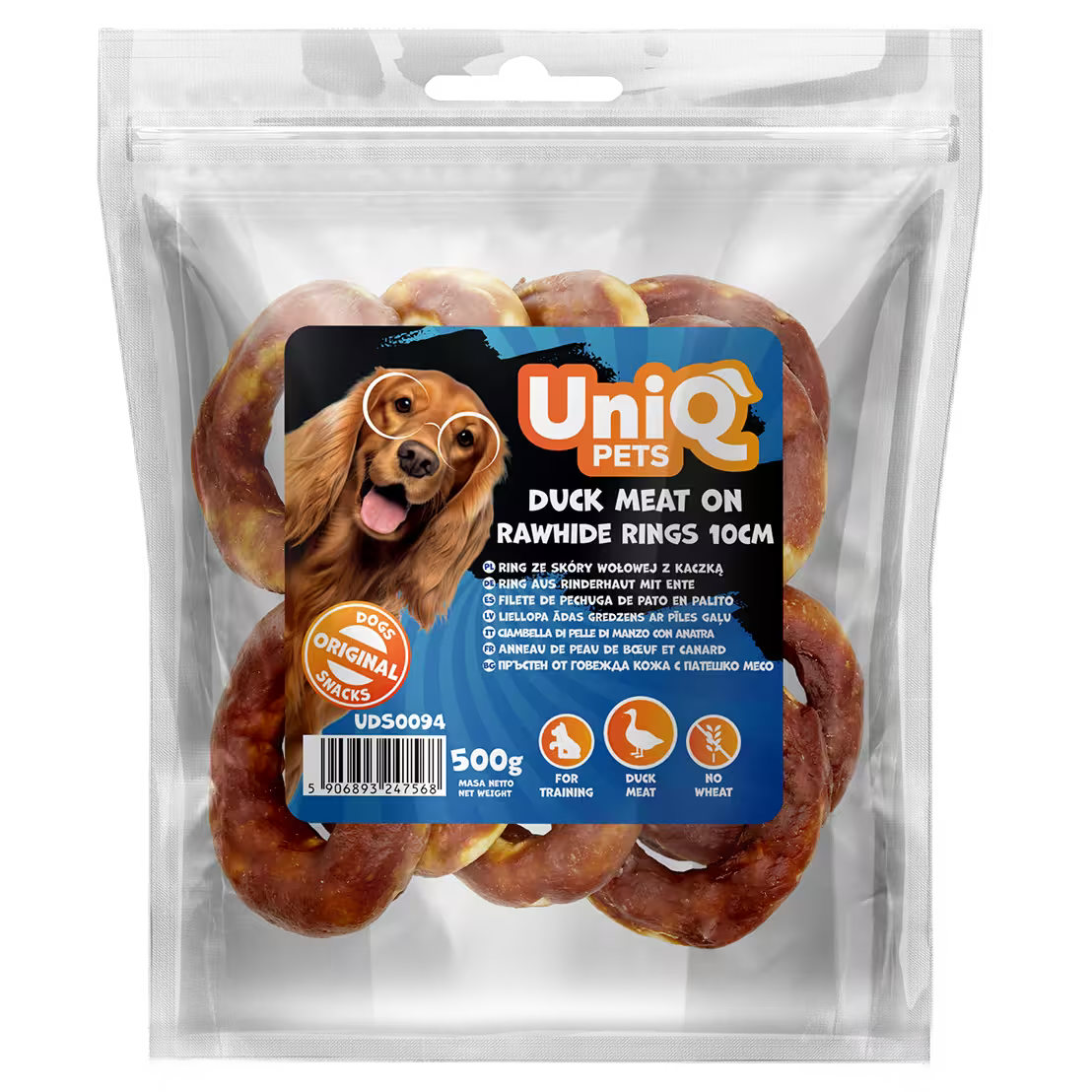 UniQ poslastice za pse, 500g, pačetina na prstenovima od sirove kože