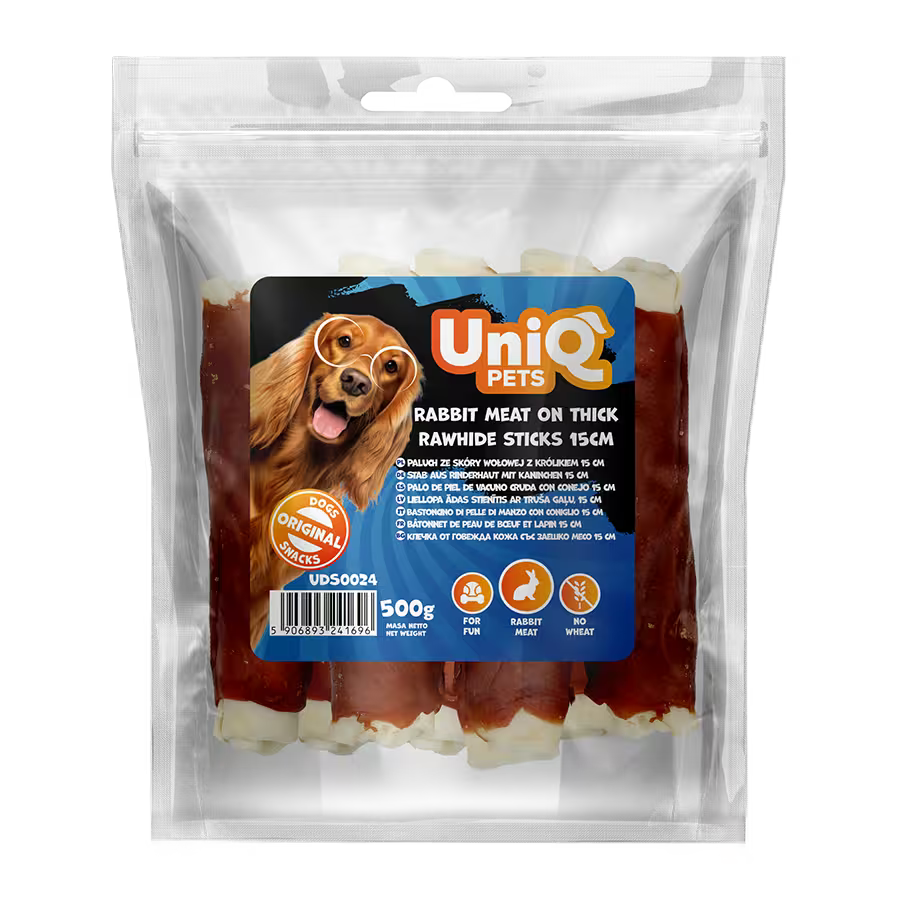 UniQ poslastice za pse, 500g, debeli štapići od sirove kože sa zečetinom (15cm)