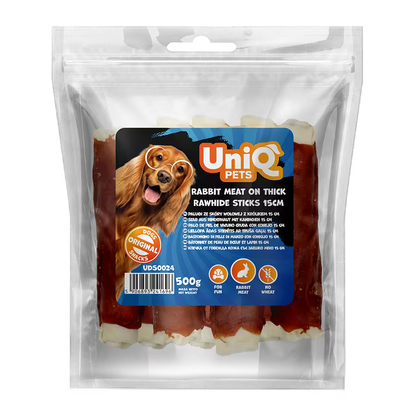UniQ poslastice za pse, 500g, debeli štapići od sirove kože sa zečetinom (15cm)