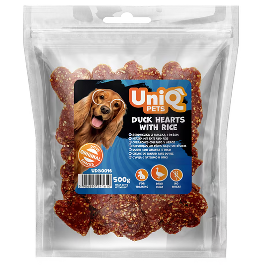 UniQ poslastice za psa, 500 g, srca od pačetine sa pirinčem