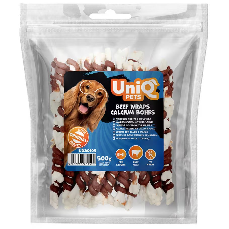 UniQ poslastice za pse, 500g, govedina obmotana oko kalcijumskih kostiju