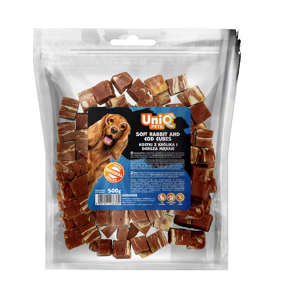 UniQ poslastice za pse, 500g, kockice od zečetine i bakalara