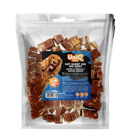 UniQ poslastice za pse, 500g, kockice od zečetine i bakalara