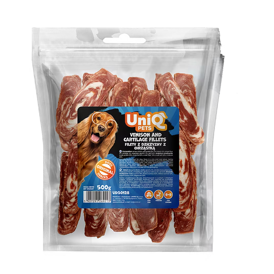 UniQ poslastice za pse, 500g, fileti od mesa divljači (jelena) i hrskavice