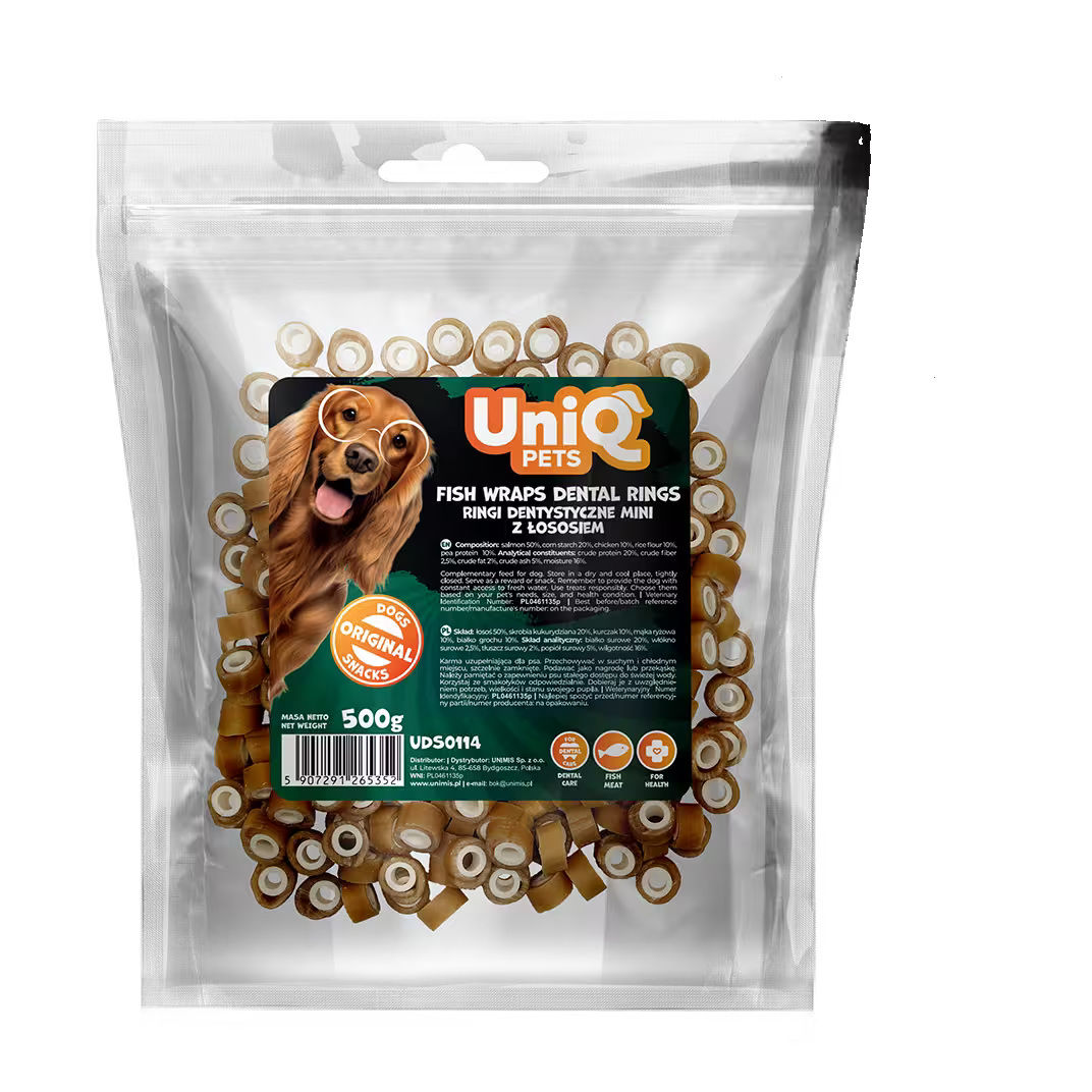 UniQ poslastice za pse, 500g, losos obmotan oko dentalne cevi