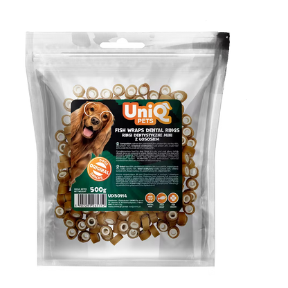 UniQ poslastice za pse, 500g, losos obmotan oko dentalne cevi