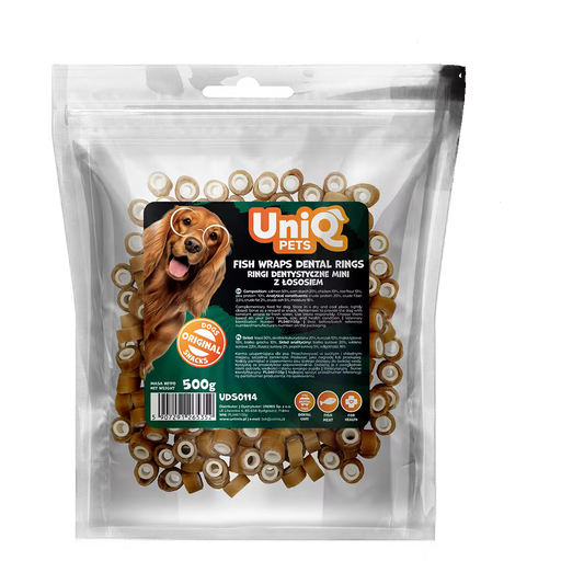 UniQ poslastice za pse, 500g, losos obmotan oko dentalne cevi