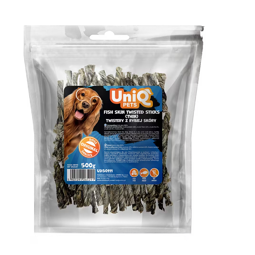 UniQ poslastice za pse, 500g, uvijeni štapići od riblje kože