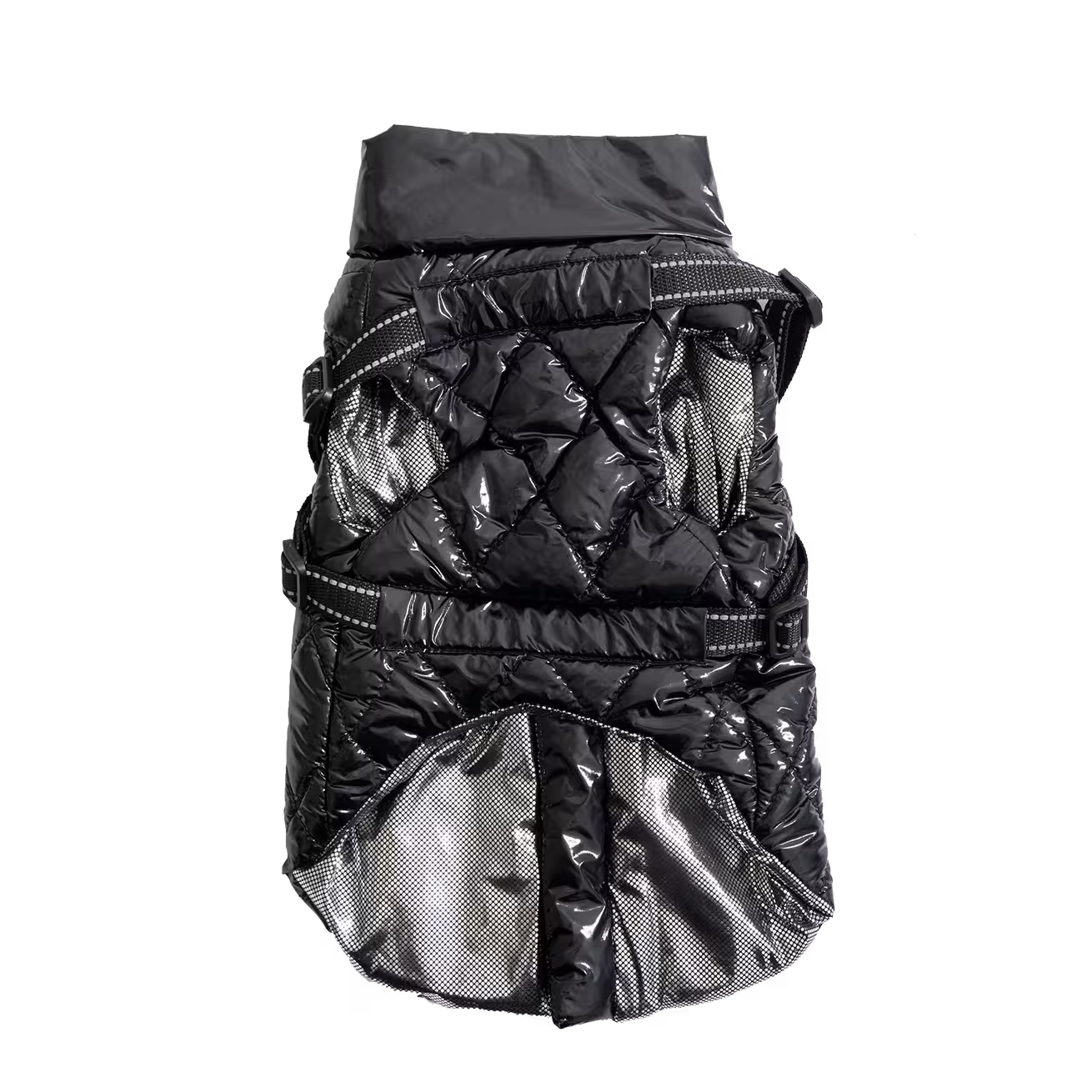 UniQ odeća za kućne ljubimce, PU zimski prsluk sa ugrađenim pojasom i reflektujućim detaljima, crna