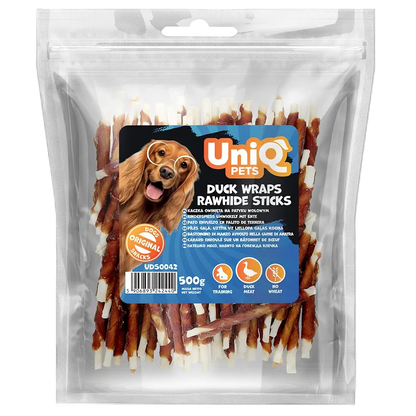 UniQ poslastice za pse, 500 g, pačetina obmotana oko štapića od sirove kože