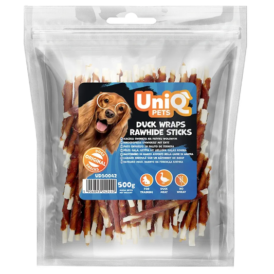 UniQ poslastice za pse, 500 g, pačetina obmotana oko štapića od sirove kože