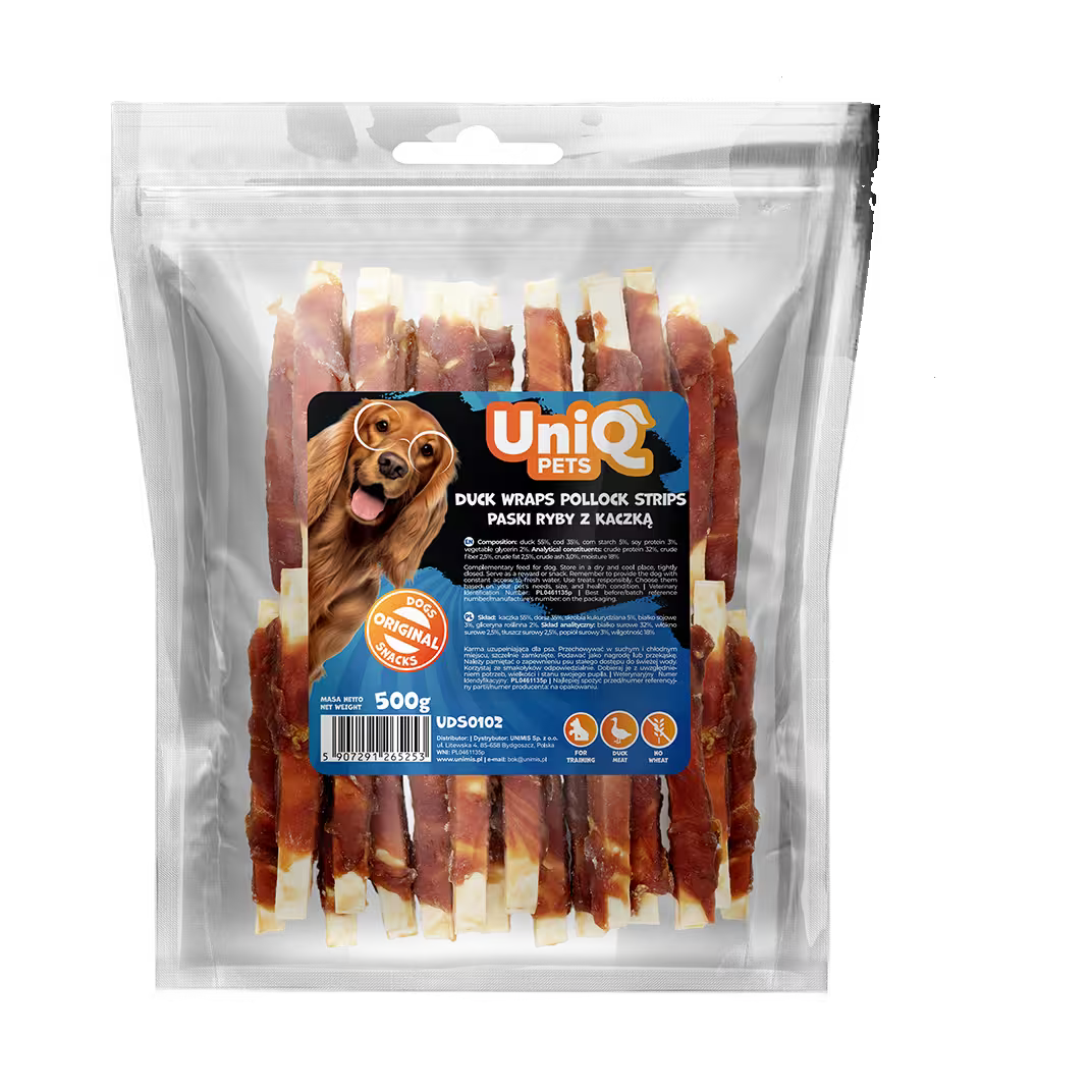 UniQ poslastice za pse, 500g, pačetina obmotana oko trakica bakalara