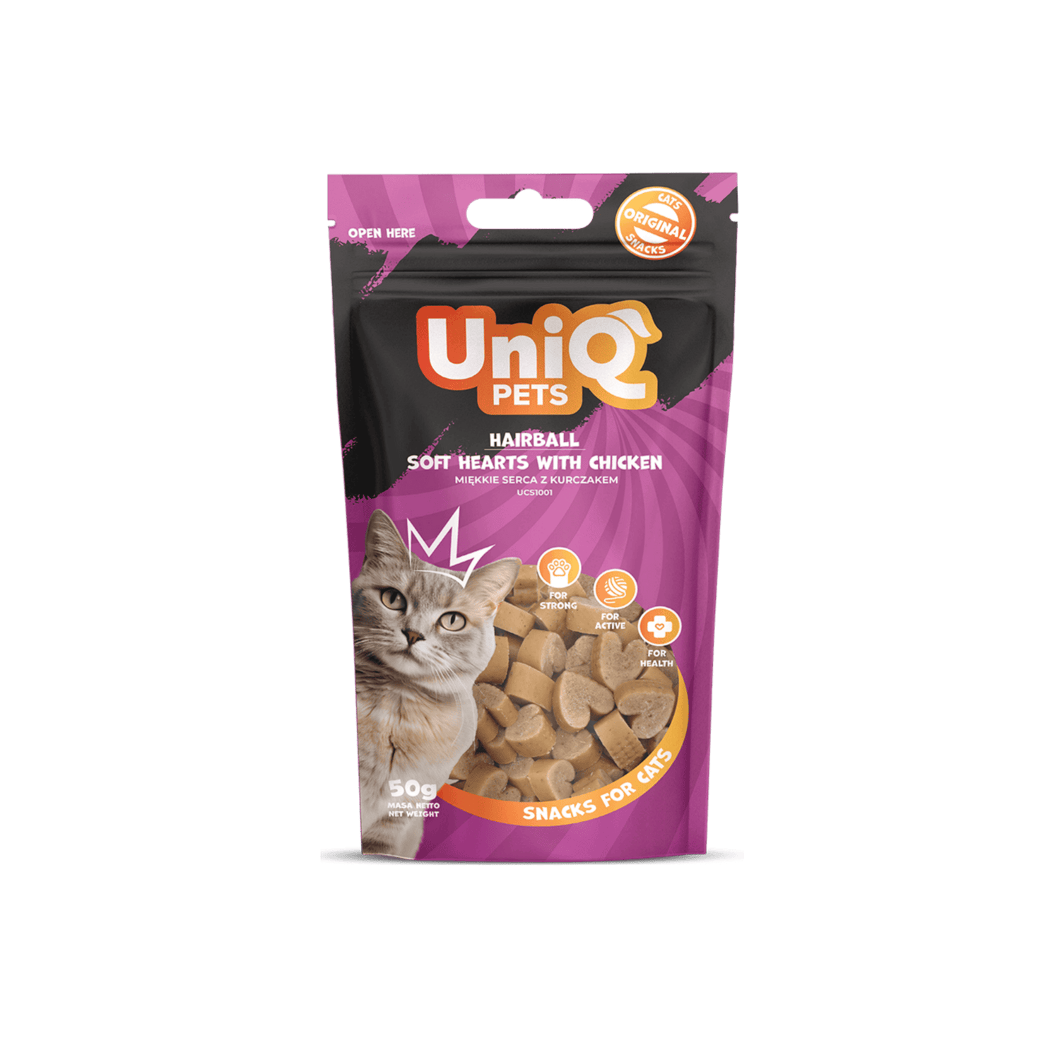 UniQ poslastice za mačke, 50g, mekana srca od piletine