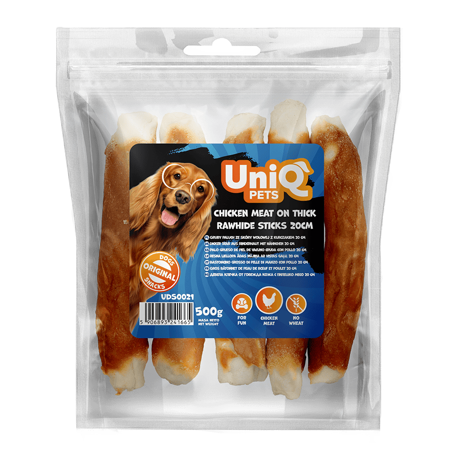 UniQ poslastice za psa, 500 g, pileće sirovo meso na debelim štapićima, (20cm)