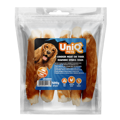 UniQ poslastice za psa, 500 g, pileće sirovo meso na debelim štapićima, (20cm)