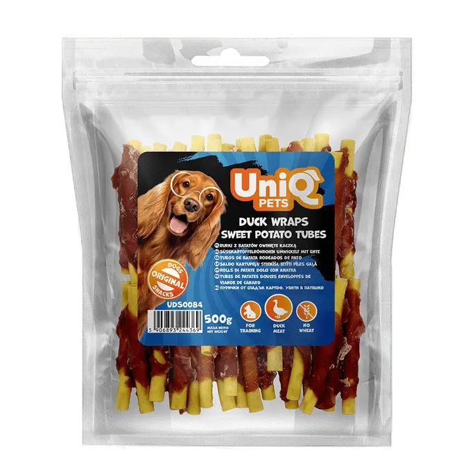 UniQ poslastice za psa, 500 g, rolnice od pačetine sa batatom u obliku cevi